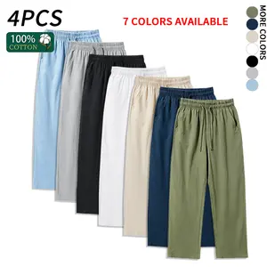 4 Pieces 100% Cotton Linen Pants for Men & Women, Summer Casual Elastic Waist Drawstring Wide Leg Breathable Pants
