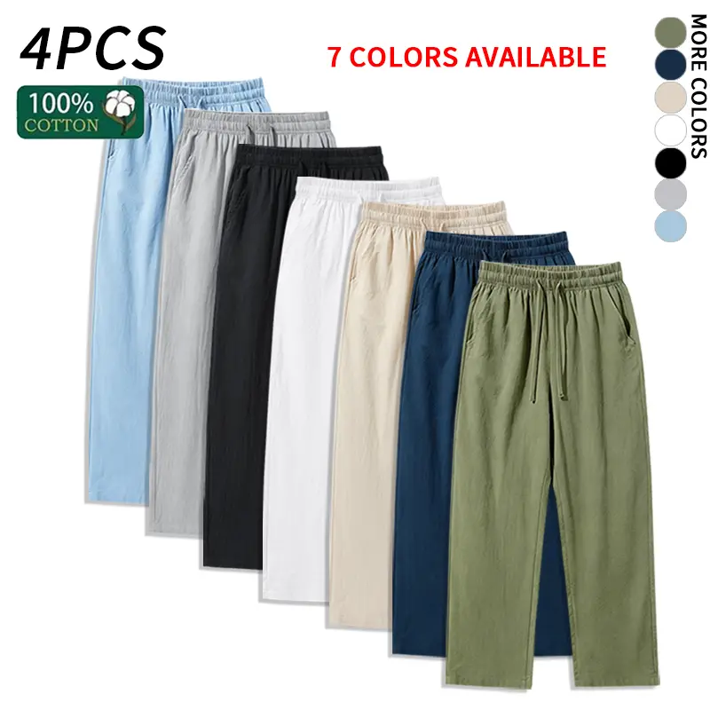 4 Pieces 100% Cotton Linen Pants for Men & Women, Summer Casual Elastic Waist Drawstring Wide Leg Breathable Pants