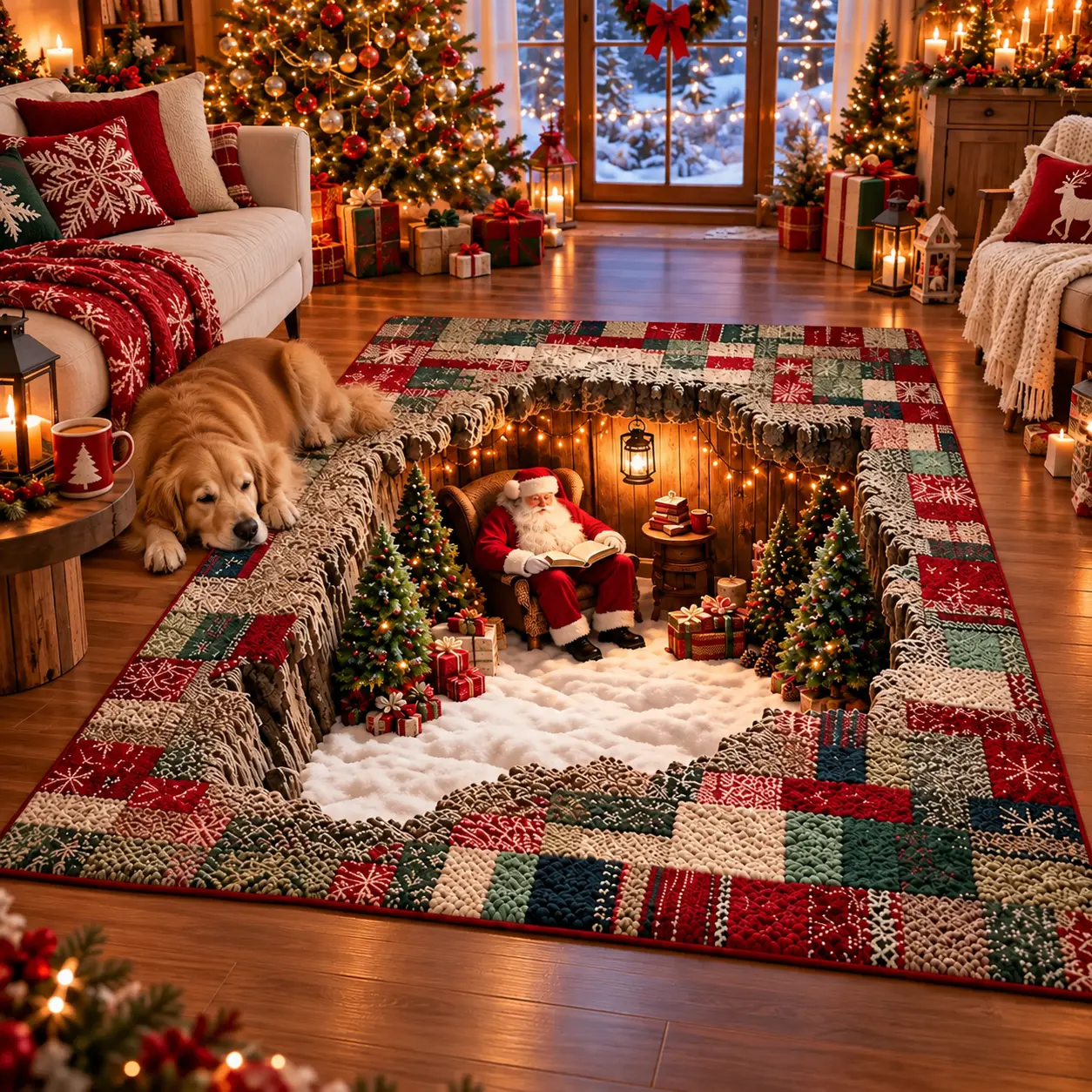 3D Christmas Santa Village Area Rug, Snowy Winter Cabin Illusion Carpet, Festive Holiday Patchwork Floor Mat, Cozy Living Room Decor, Unique Xmas Wonderland Gift