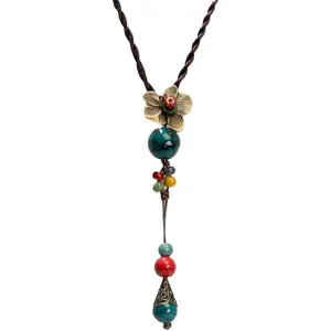 Hippie Boho Colorful Ceramic Round Beads Strand Necklace, Bohemian Long Bead  Necklace