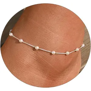Ankle Bracelets for Women 14K Gold Plated Anklet Silver Anklets Waterproof Evil Eye Beaded Pearl Tennis Crystal Heart Cuba Link Chain Anklets Dainty Jewelry Gift for Her