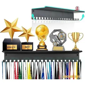 MELLOW MORNINGS Non-Slip Medal Display Hanger Never Give Up with 20 Hooks Trophy Shelf,Medal Hanger Display For Wall with 16inchL,race medal display Upgraded Medal Holder display For gymanstics,race,soccer,swim
