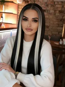 Black & White Highlight Straight Lace Front Wig, 13x4 Lace Front with Free Part & Natural Hairline, Heat Resistant Synthetic Fiber, Perfect for Coachella, Stage Shows, Parties and Cosplay 28 Inch