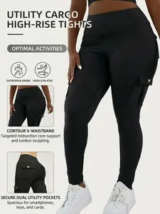 Women's Plus-Size Utility Pants, Fitness Tights, Gym Workout Leggings, Yoga Bottoms - High-elastic knit fabric and a high-waist design for tummy control and hip-lifting, featuring multi-functional pockets, ideal for outdoor cycling, yoga