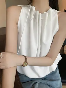 Summer Simple Solid Color Sleeveless Women's Casual Strap Shirt, Regular Fit No Elasticity, Comfortable Summer Clothing for Daily Wear