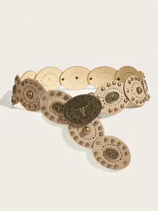 Women's Boho Rivet Belt, Y2K Western Style Buckle Patchwork Design, Chunky Belts for Dresses & Jeans, Casual Accessory