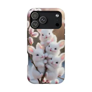Cute White Bunny Phone Case – Kawaii Fluffy Rabbits on Blossom Branch, Cute Phone Case, Gift for Women, Mom, Sister, Friend, Him/ Her, Birthday - iP Xr, 11, 12, 13, 14, 15, 16, 17, S21, 22, 23, 24, 25 - Tough Case, MagSafe, Phone Case