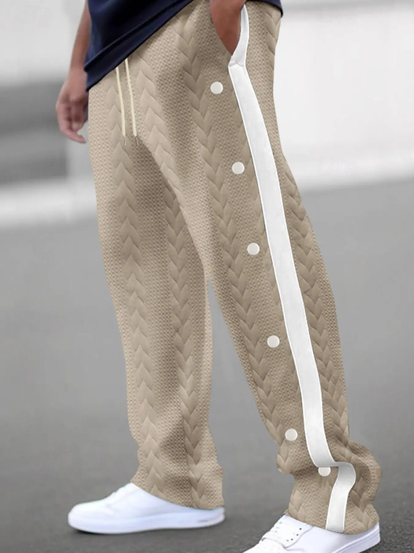 Men's texture comparison fake button drawstring waist pants, casual, breathable and comfortable with diagonal pockets, straight-leg sport long pants, athletic bottoms, sports bottoms, essential items for men's wardrobes, Sportswear Clothing
