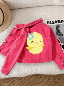 Girls' Casual Fashion Denim Jacket, Chicken Print, Comfortable Fit, Suitable for School and Dates, Ages 12 and Under