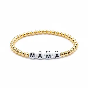 14K Gold-Filled “MAMA” Bead Bracelet 4mm Waterproof Non-Tarnish Gold Beaded Stretch Bracelet for Women | Minimalist Mom Jewelry & Stackable Fashion Bracelet
