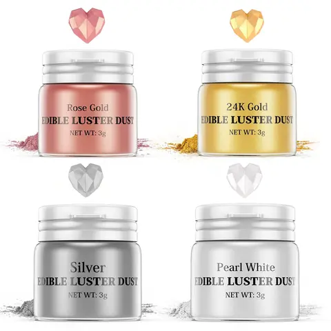 4-Piece Edible Coloring Shimmer Luster Dust Baking Ingredients - Cake Frosting Decorations, Edible Glitter for Cakes, Mix with Oil, Vivid with Less for Chocolate, Drinks, Cookie Icing