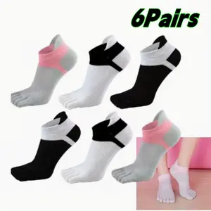 Unisex 6-Pair French Terry 5-Finger Cotton Sports Socks, Breathable Knit Athletic Ankle Socks with Toe Separator