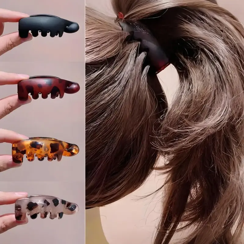 Women's 4PCS Non-Slip Small Leopard Print Vintage Oval Minibanana Hair Clips - Amber Tone, Boho Style, Secure Hold, One-Size, Casual Everyday Hair Accessories for All Seasons