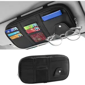 Sun Visor Organizer, Multi-Pocket PU Leather Sunglass Holder and Storage Pocket with Net Zipper, Card Sleeve Pocket Organizer, Auto Interior Accessories for , , SUV (Black)