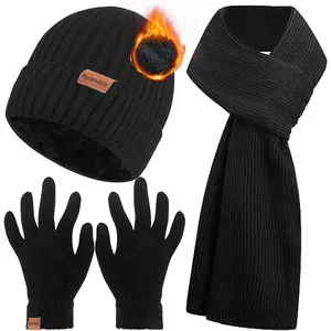 3PCS Winter Beanie Hat Scarf Touchscreen Gloves Set for Men and Women, Knitted Fleece Lined Hats Thermal Gloves Long Scarf