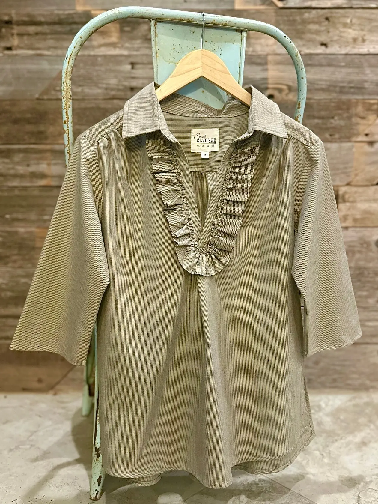 Ruffle Front Collar Shirt - Tiny Stripe