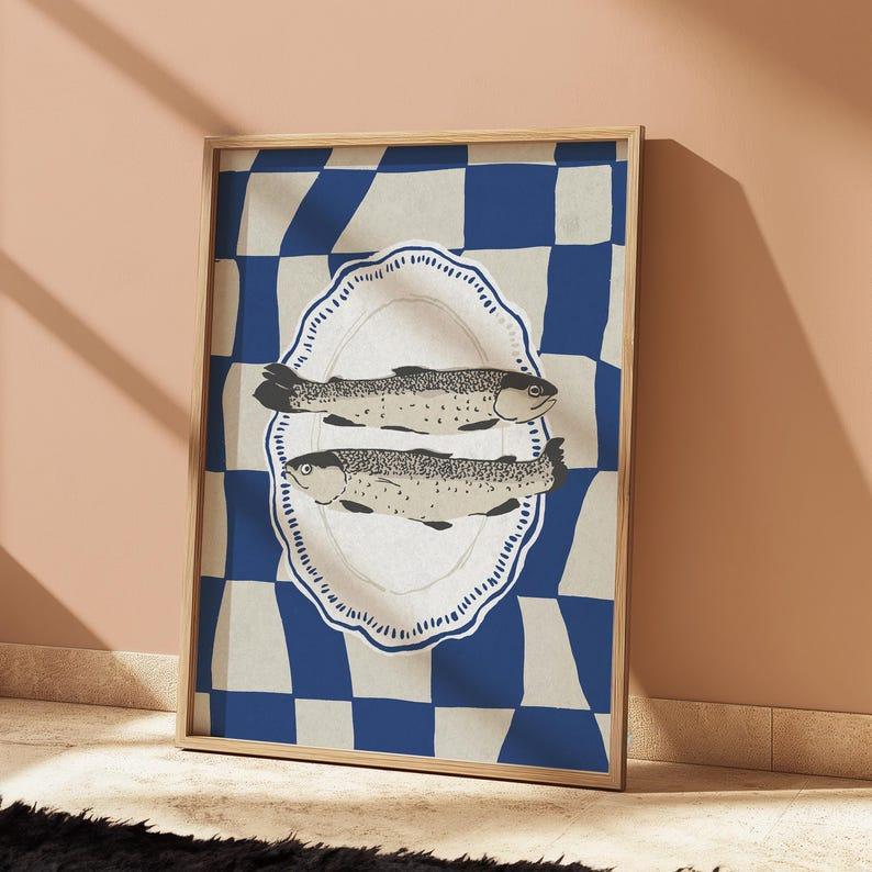 Sardines Poster, Blue Sardines Wall Art, Retro Sardines Print, Blue Checkered Print, Fish Kitchen Decor, Dining Room Decor, Retro Kitche