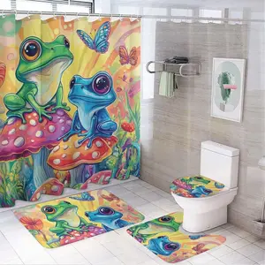 Cartoon Frog Pattern Bathroom Decorations, 4 Counts/set Including 1 Shower Curtain & 1 Toilet U-shape Mat & 1 Rectangular Mat & 1 Toilet Lid Cover, Bathroom Accessories