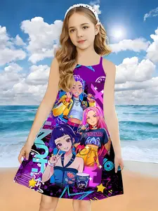 Girls K-Pop Strapless Dress, 3D Street Graffiti Print, Summer Casual Loose Fit, Breathable Fashion, Daily Wear Cross Strap Dress