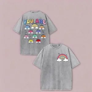 Unisex 250g Heavyweight Washed Cotton T-Shirt - Vintage Retro Rainbow Clouds Lettering, Baggy Relaxed Fit Classic Aesthetic Streetwear Top for Men, Soft Day Layer Summer Casual Daily Wear