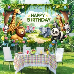 1pc, 2D/flat Happy Birthday banner Jungle Safari theme birthday party decoration 71 × 43 inches Zoo theme birthday party background Tropical forest poster Boys and girls birthday party wall supplies