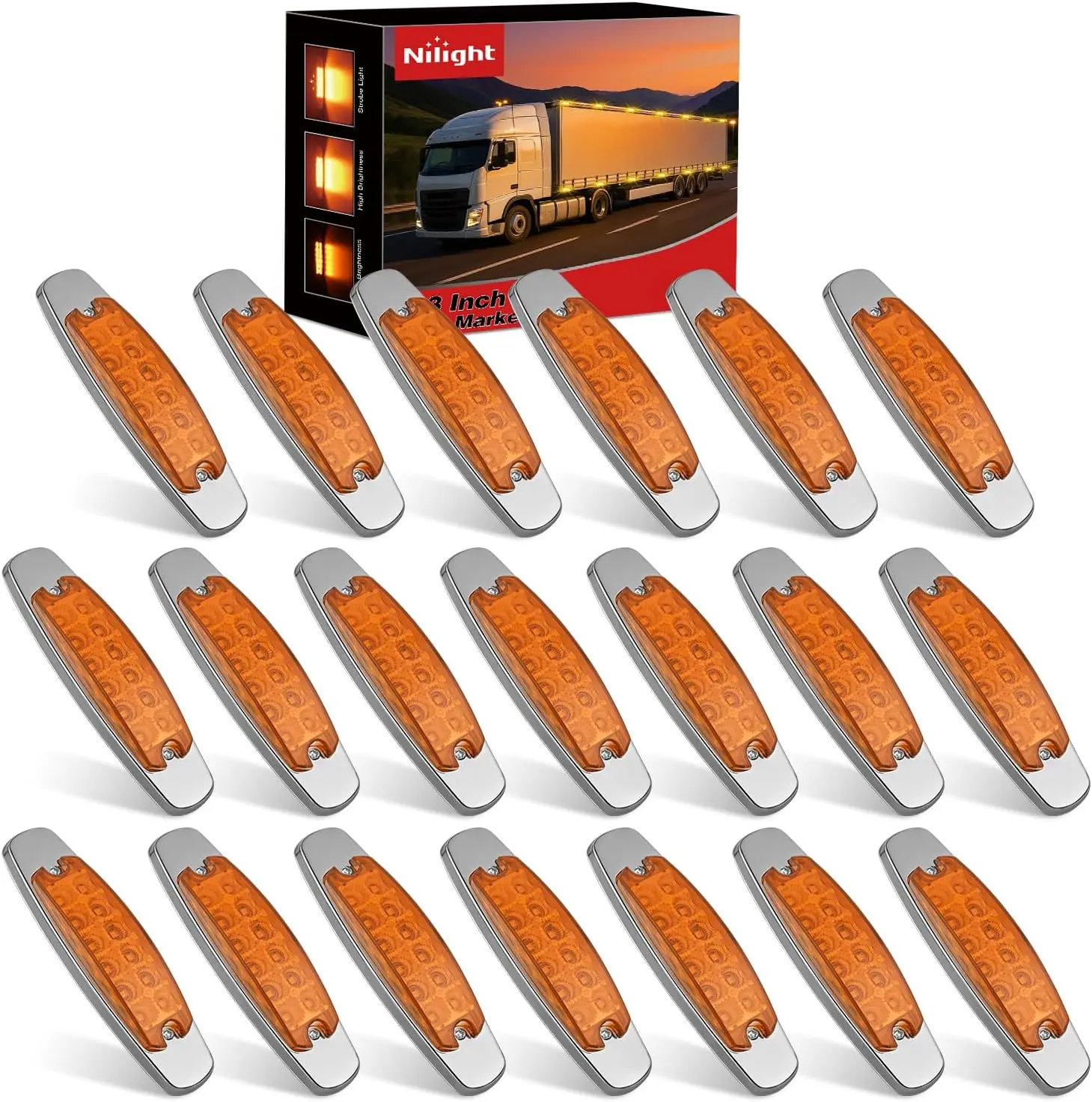 Nilight 20-Pack 6.3in Rectangle Amber LED Off Road Lights, 12-LED 3-Mode Functionality Car Side Lamp, IP67 Waterproof Stainless Steel Frame, 12V Surface Mount for Trucks, Industrial Equipment, Universal Fit