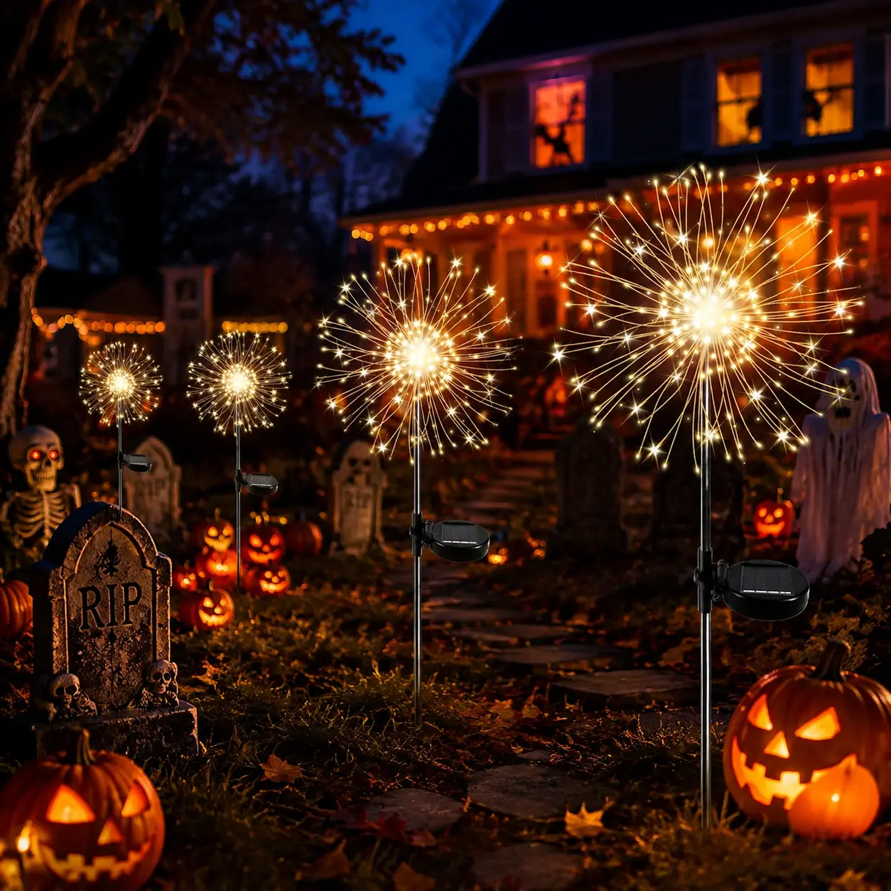 Outdoor Solar Firework Decorations, Starburst Garden Lights with Warm White LEDs, Halloween Christmas Yard Decor for Lawn Patio Pathway