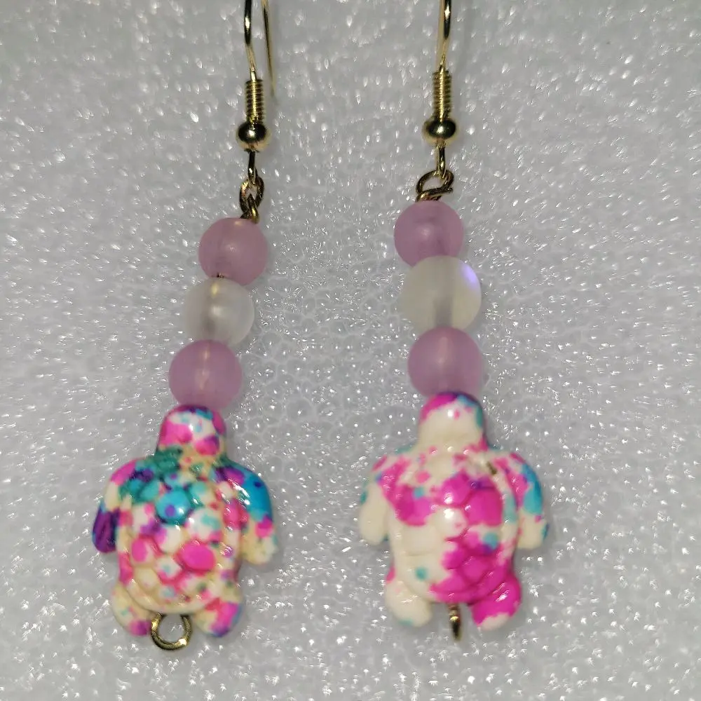 Tie Dye Turtle Earrings with Pink Beads and Colorful Design Tie-Dye Style Accessories
