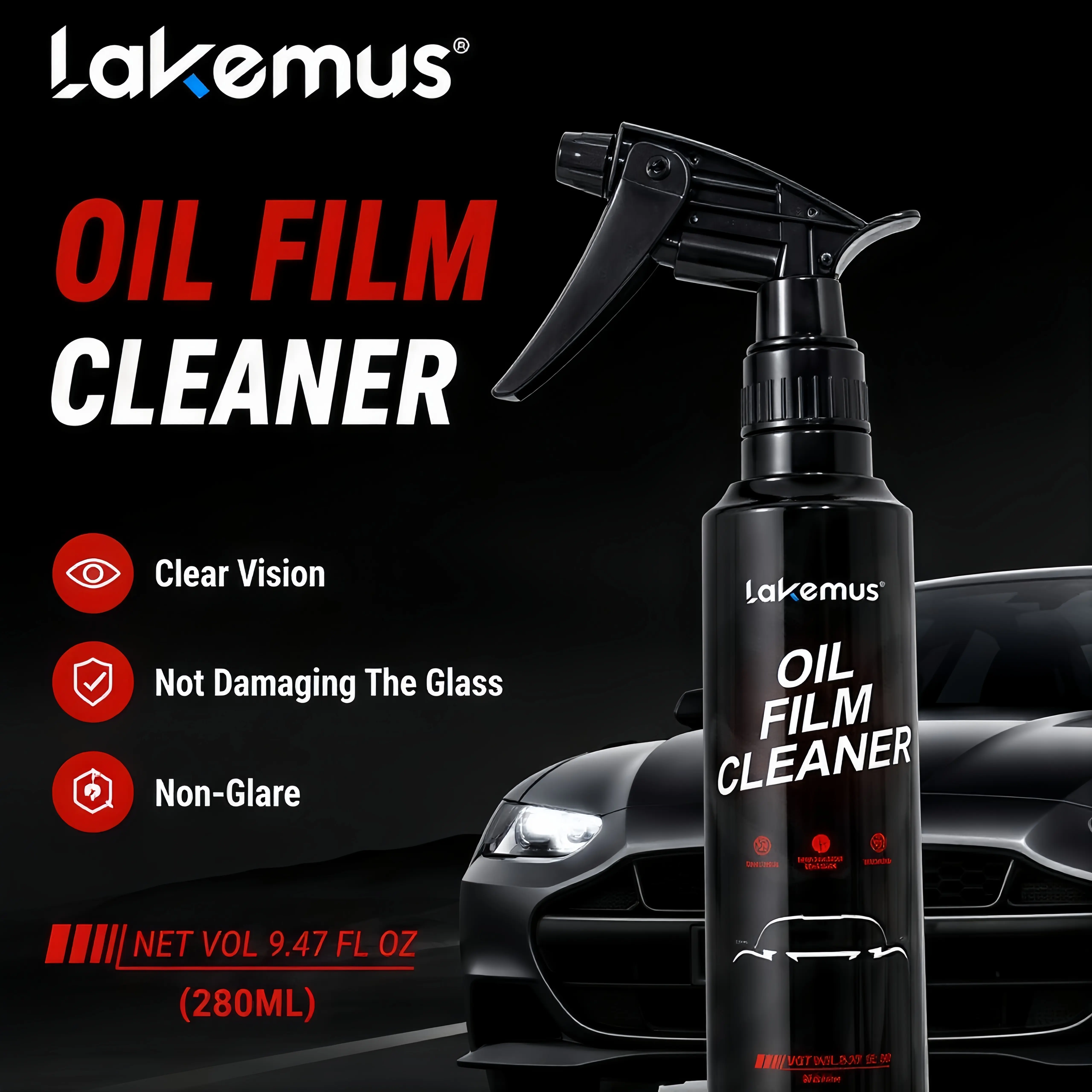 Lakemus Car Windshield Oil Film Remover, Streak-Free Glass Cleaning, Car Window Oil Film Cleaner, Glass Cleaner for Water Spots, Rain Film & Road Grime | Streak-Free Auto Glass Cleaner
