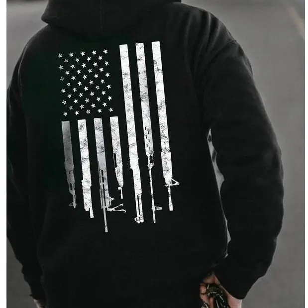 Men's Sweatshirt & Tee Set, Tactical Streetwear Pullover Hoodie with Distressed American Flag Graphic, Valentines Day Gift, Sweatshirts, Menswear, Chinese New Year, Pullover Hooded, Medium Length, Foldable, Casual, Long Sleeve, T-Shirt, Tops, Flag Print,