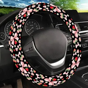 Strawberry & Bow & Daisy Pattern Steering Wheel Cover, Cute Black Background Style - Fit Car Interior Accessory, Durable Material, No Inner Ring, For All Seasons Automotive Accessories, Best Festive Gift Item For Family.11.27QWA-267
