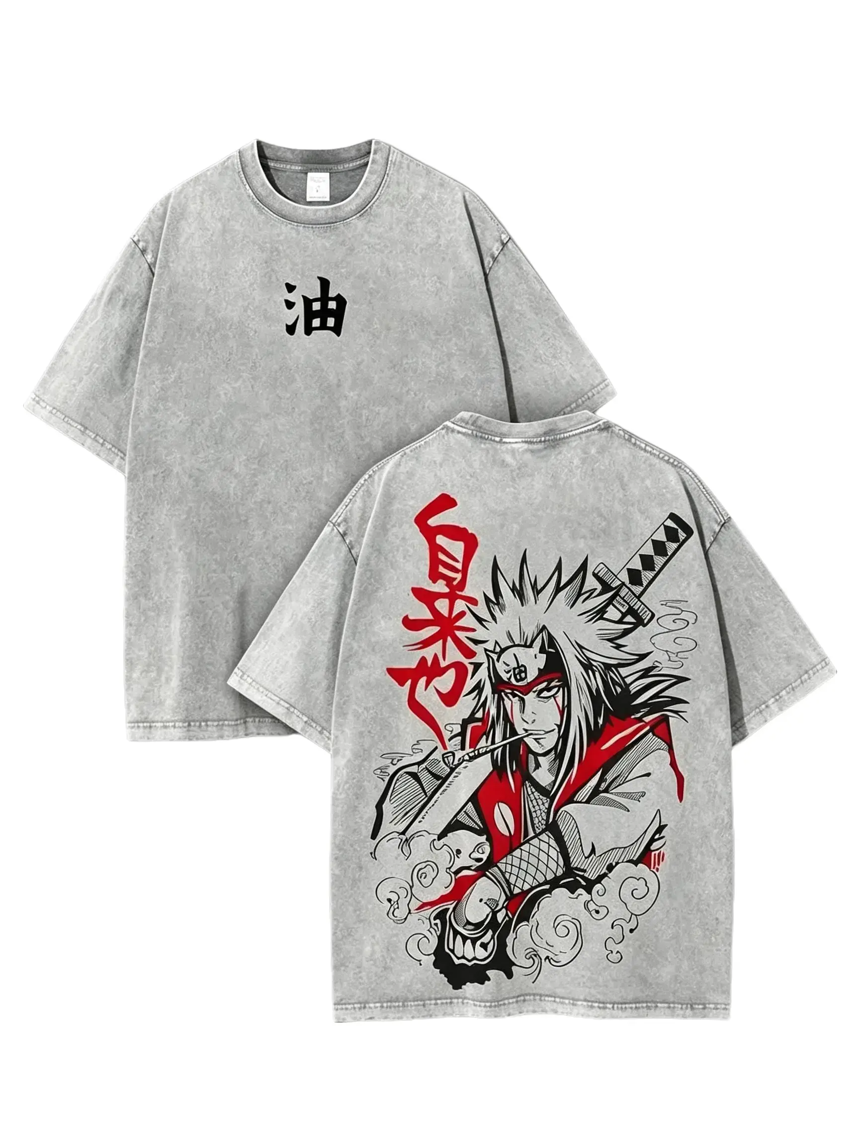 Vintage Acid Wash Anime Graphic Tee Oversized Jiraiya Naruto Toad Sage Heavyweight T-Shirt Unisex Ninja Streetwear