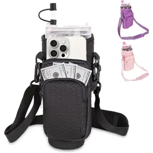 Neoprene Water Bottle Carrier Bag for Stanley 40oz Tumbler, Crossbody Sling with Phone Pocket Detachable Strap, Adjustable Shoulder Holder Pouch with Charm, for Gym Travel(Black)
