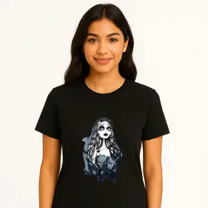 Women's Gothic Corpse Bride & Butterfly Graphic T-Shirt, Black Casual Crew Neck Short Sleeve Top, 95% Polyester 5% Elastane Knit Fabric 180gsm, Soft Stretchy Comfortable Fit, Horror Waifu Inspired Fashion Tee, All-Season Gothic Streetwear Shirt