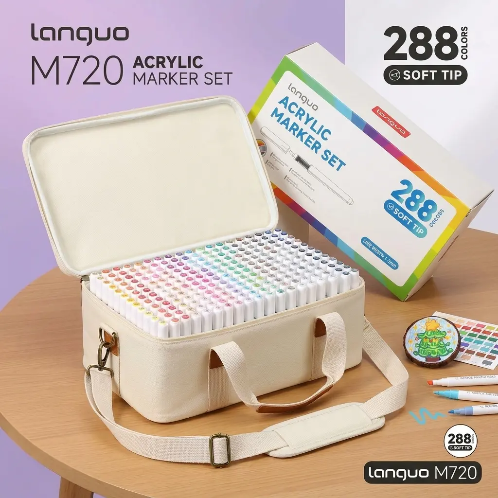 Languo 288/240 PCS Professional Acrylic Coloring Markers Paint Pens Set - Soft Tips, Intelligent Automatic Ink Control, High Pigment, Waterproof Mark, Quick-Dry Office Stationery for Rock Painting, Bullet Journaling, Artist Colored Pens