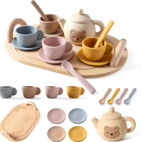14pcs Unisex Toddler Play Kitchen Pretend Cooking Set for 3+ & 4-6 Years Kids, Morandi Colors Child-Safe Toys with Food-Grade Silicone Teapot, Drop-Proof Soft Sip-Safe Cups & Kitchen Accessories