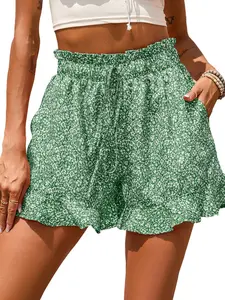 Summer Floral Chiffon Shorts, High Waist Drawstring Ruffle Design, Lightweight Breathable Daily Wear, Casual Pants with Pockets