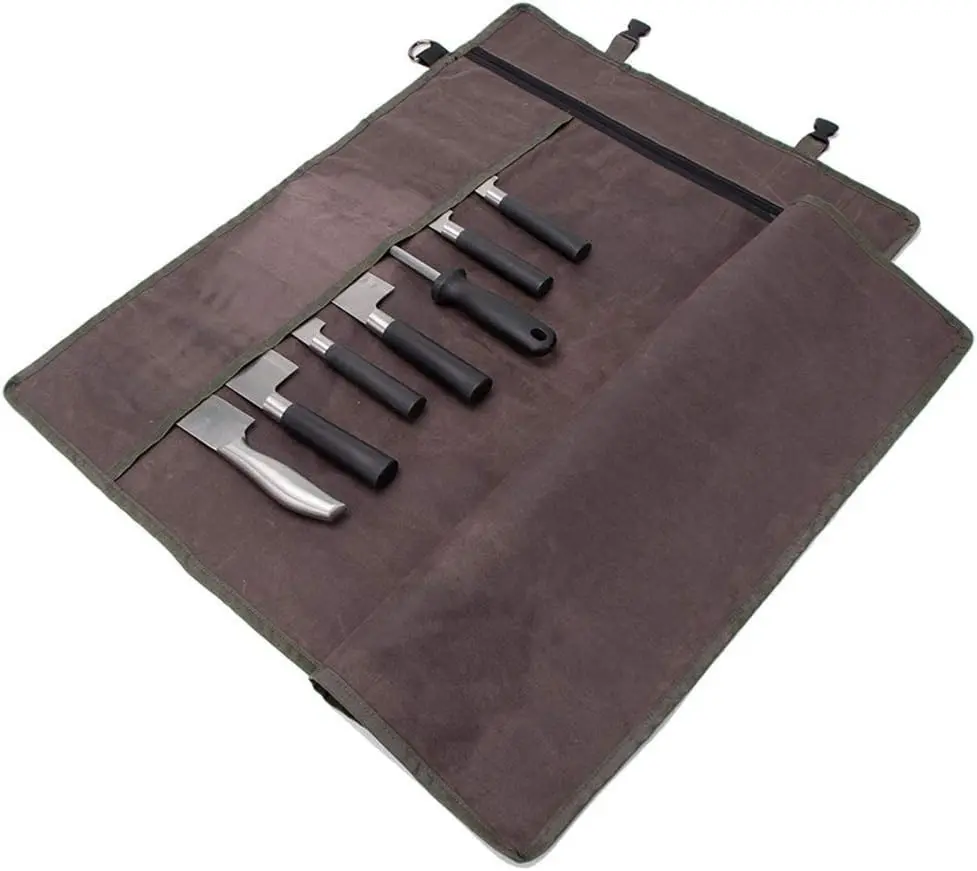 Chef’s Knife Roll Bag,Waxed Canvas Knife Cultery Carrier, Portable Chef Knife Cases,Knife Pouch Holders With 10 Slots Plus 1 Zipper Pockets Can Hold Home Kitchen Knife Tools Up To 18.8”