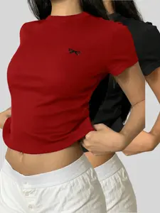 Women's Bow Embroidering Tee, Casual Slim-fitting Short Sleeve T-shirt, Ladies Summer Clothes for Daily Wear