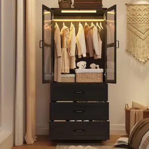 75" Tall Farmhouse 2 Doors Armoire Wardrobe Closet with 3 Drawers and LED,Freestanding Closet Wardrobe Cabinet for Bedroom with Hanging Rod,Wooden Armoire Storage Cabinet with Adjustable shelve(White/Brown/Black) Furniture Modern