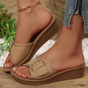 Women's Open Toe Wedge Slide Sandals Studded Strap Buckle Beach Footwear