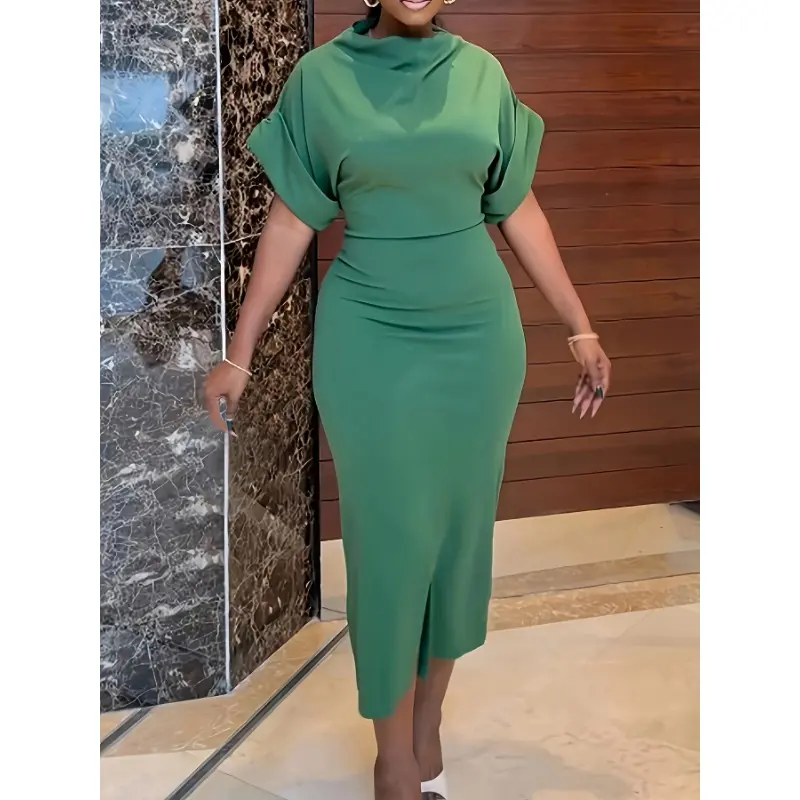 Casual everyday elegant simple solid color semi turtleneck dress