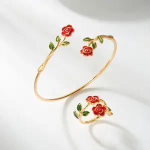 Vintage Charm Camellia Rose Flower Bracelet Ring Set For Women Gold Color Open Adjustable Cuff Bangle Ring Party Wedding Jewelry