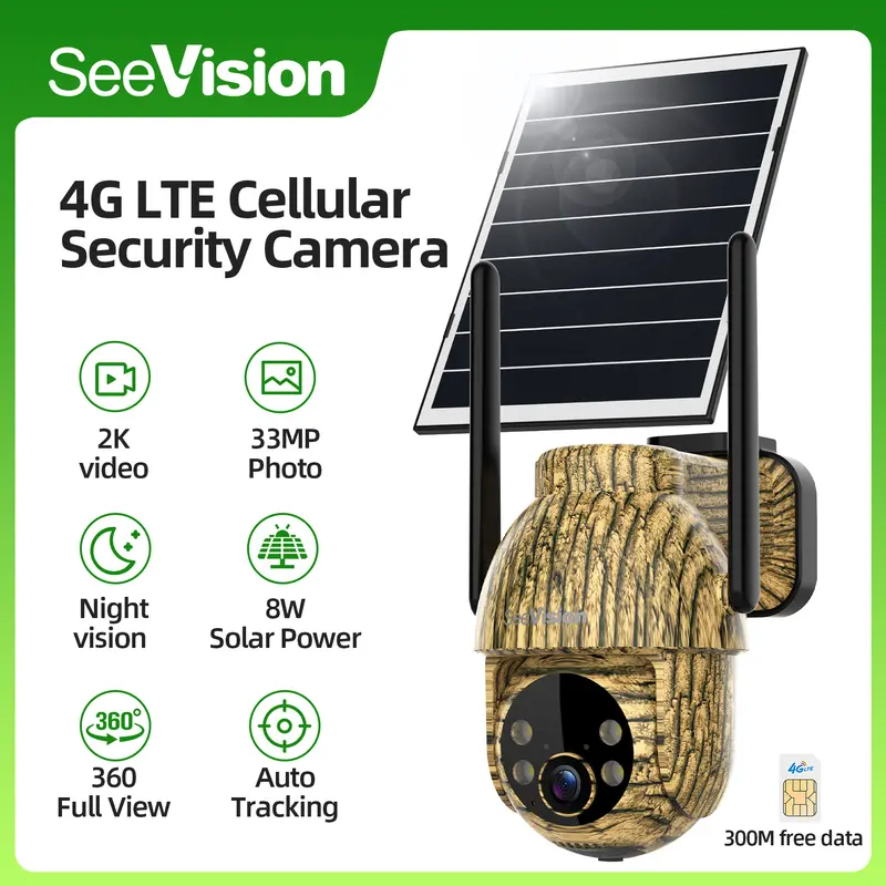 SeeVison 4G LTE Cellular Solar Rechargeable Outdoor Digital Smart Camera, 3MP 2K Wireless Waterproof Camera with PIR Motion Detection, Siren, Color Night Vision, SD/Cloud Storage (SIM Card Included)