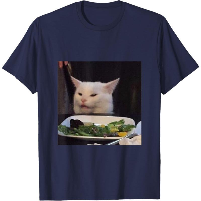 Smudge The Cat at Dinner Table Meme Men's T-Shirt | Confused Cat Salad Meme Funny Viral Internet Meme Tee