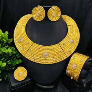 Women's 4-Piece Copper Alloy Costume Jewelry Set - Exaggerated Collar, Drop Earrings, Bangles, Diamond Inlay Rhinestone Ring, Extended Chain, Photorealism Design, Ideal for Wedding, Anniversary, Perfect Female Gift,summervibes
