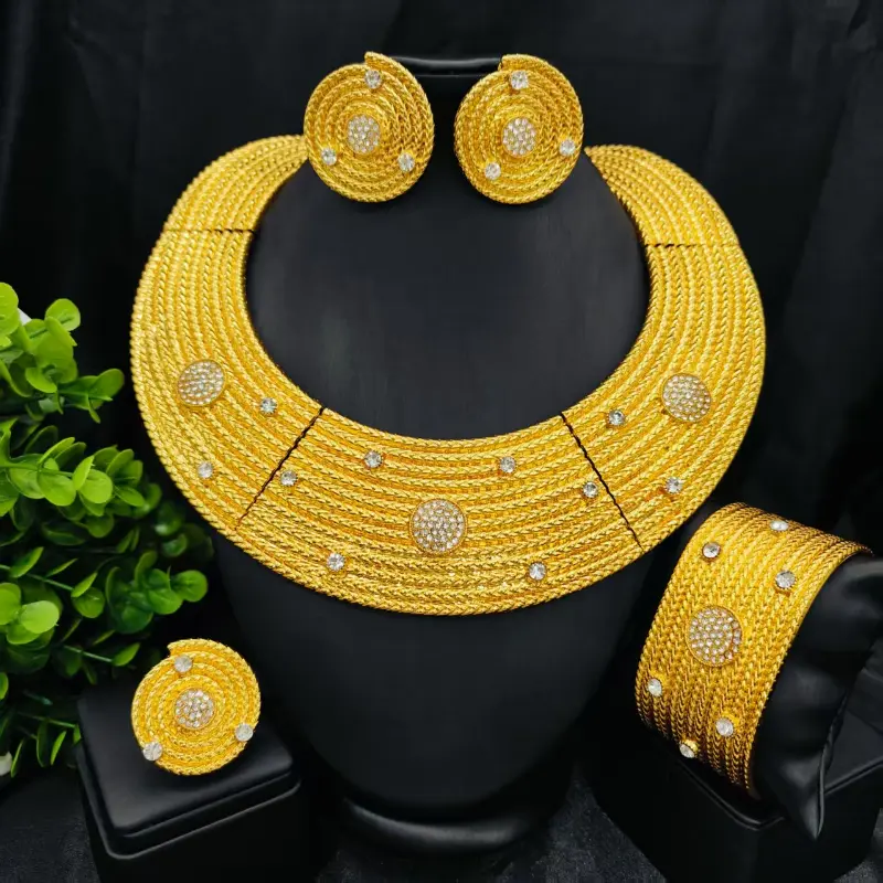 Elegant Jewelry Set for Women, 4-Piece Rhinestone Inlaid Copper Alloy Costume Jewelry with Statement Collar Necklace, Drop Earrings, Bangle & Ring for Weddings, Matching Jewelry Set
