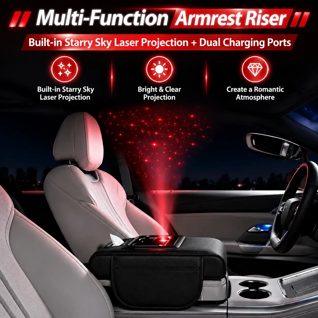 Starry Sky Lamp Armrest Box - 7-in-1 Memory Foam Console, Cup Holder & Tissue Box Combo, Waterproof Car Interior Accessories, Car Stuff & Storage Bag