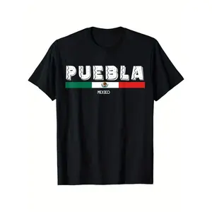 [100% Cotton] Men'S 100% Cotton Mexico Puebla T-Shirt With Mexican Flag Design - Black, Breathable, Sweat Absorbent, All-Season Comfort Mexican T Shirt Golf Gift T-Shirt For Men And Women