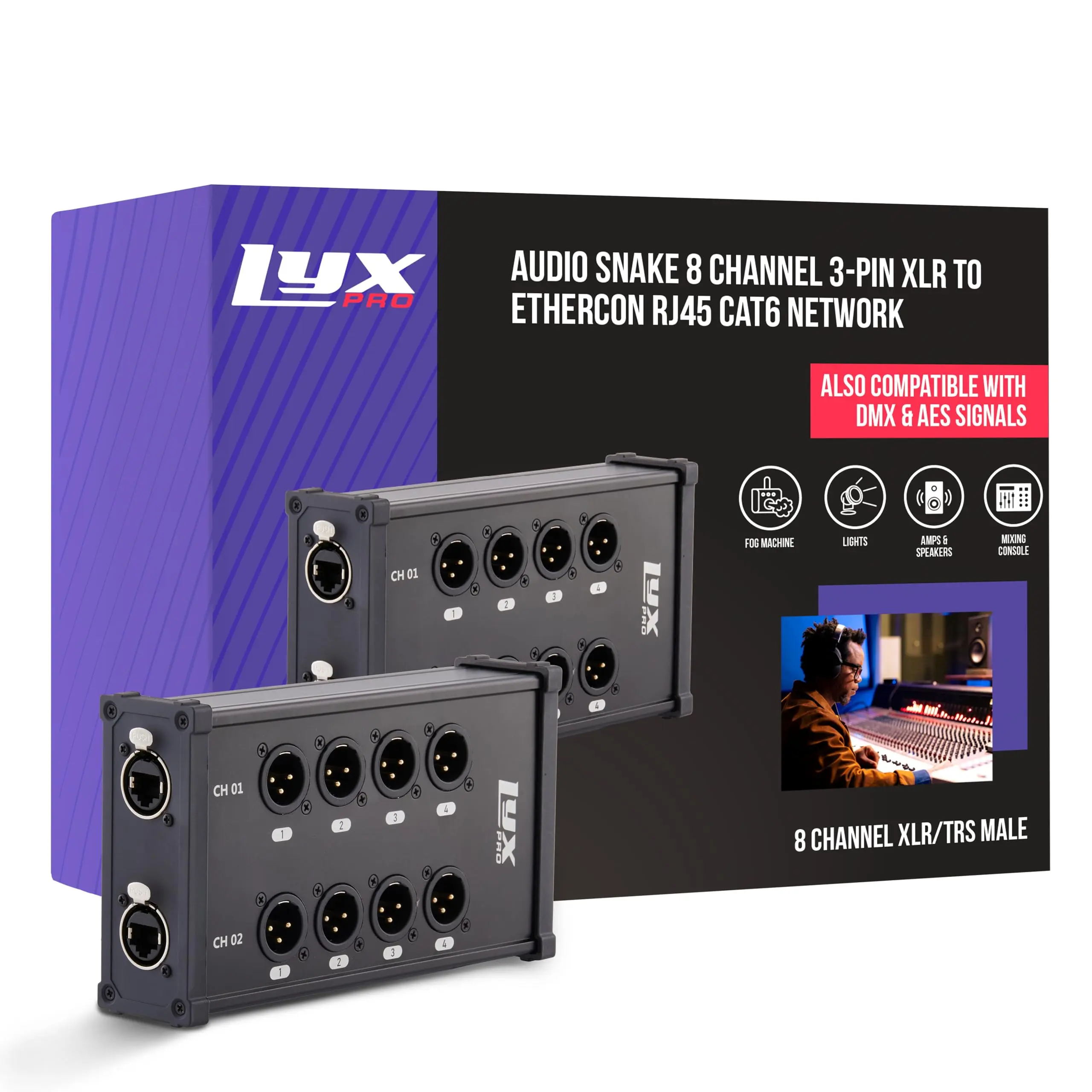 LyxPro 8-Channel Dual Input 3-Pin Multi-Network XLR Cable Breakout Connector - Male to RJ45 Ethercon, Durable Equipment for Stage Sound & Recording Studio Accessories